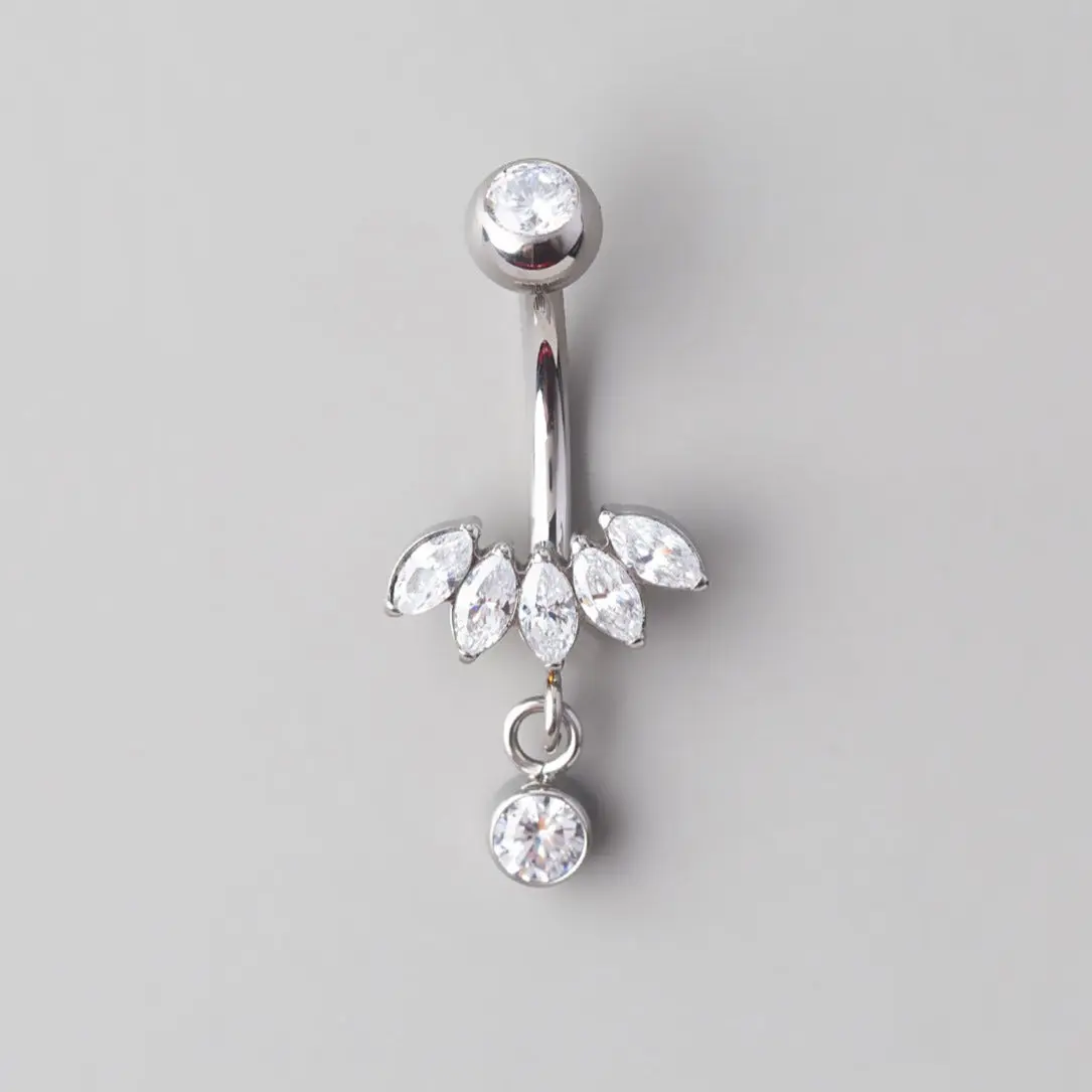 5 Marquise Bezel CZ Dangle Belly Bar in Silver - Titanium