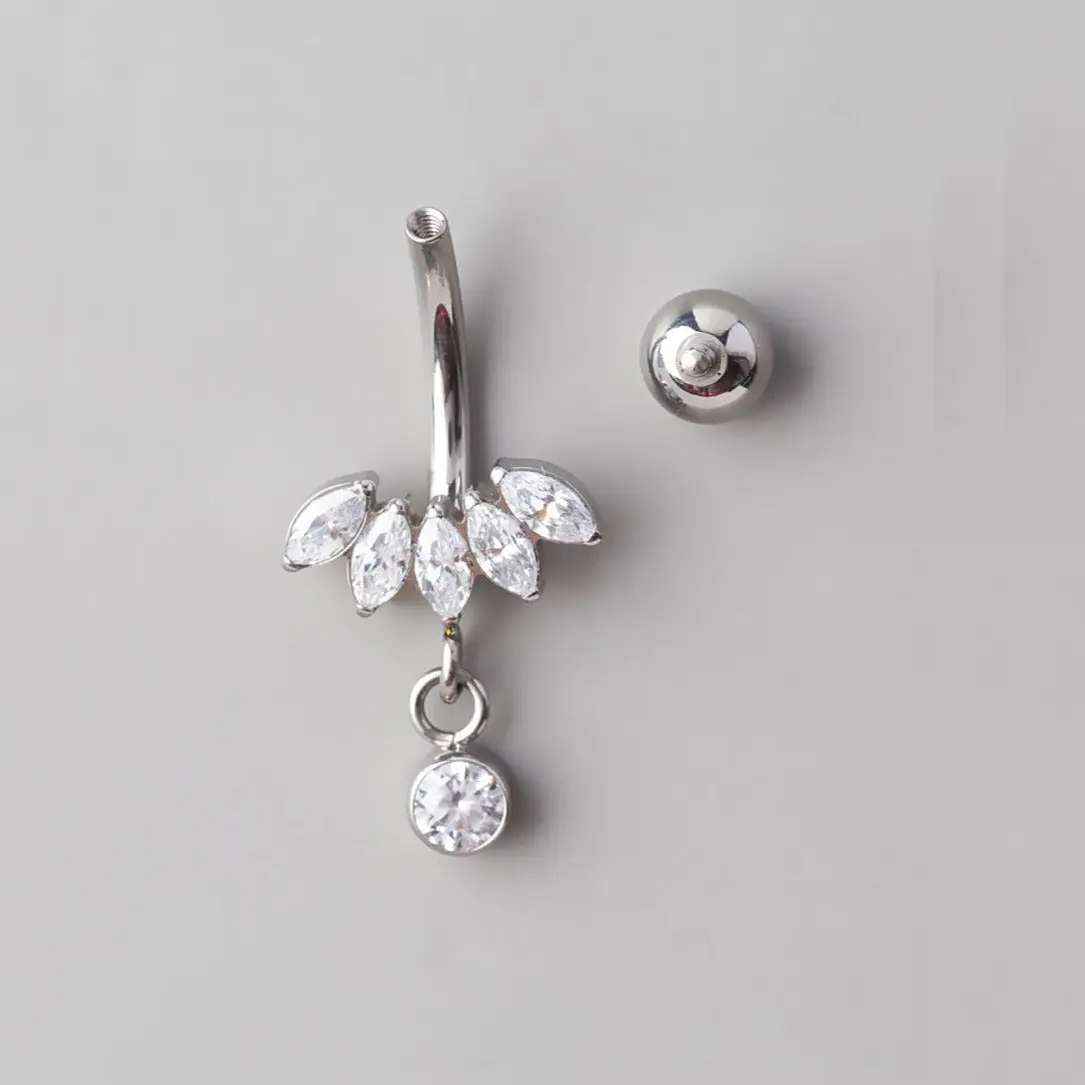 5 Marquise Bezel CZ Dangle Belly Bar in Silver - Titanium - Image 2