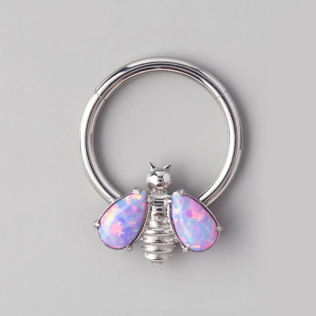 Bee Pink Opal Stone Wings Top Segment Hoop in Silver - Titanium
