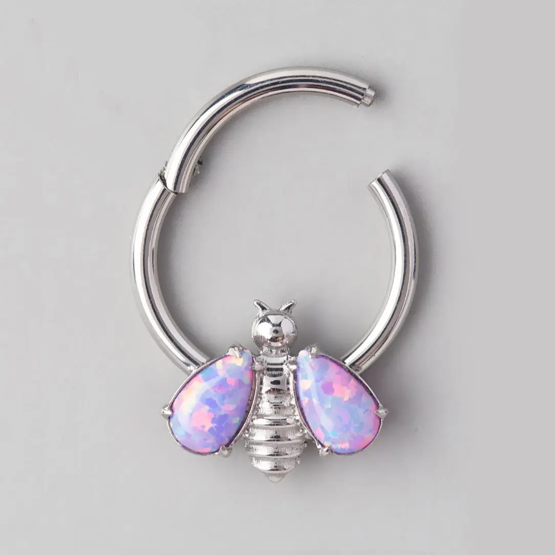 Bee Pink Opal Stone Wings Top Segment Hoop in Silver - Titanium - Image 2