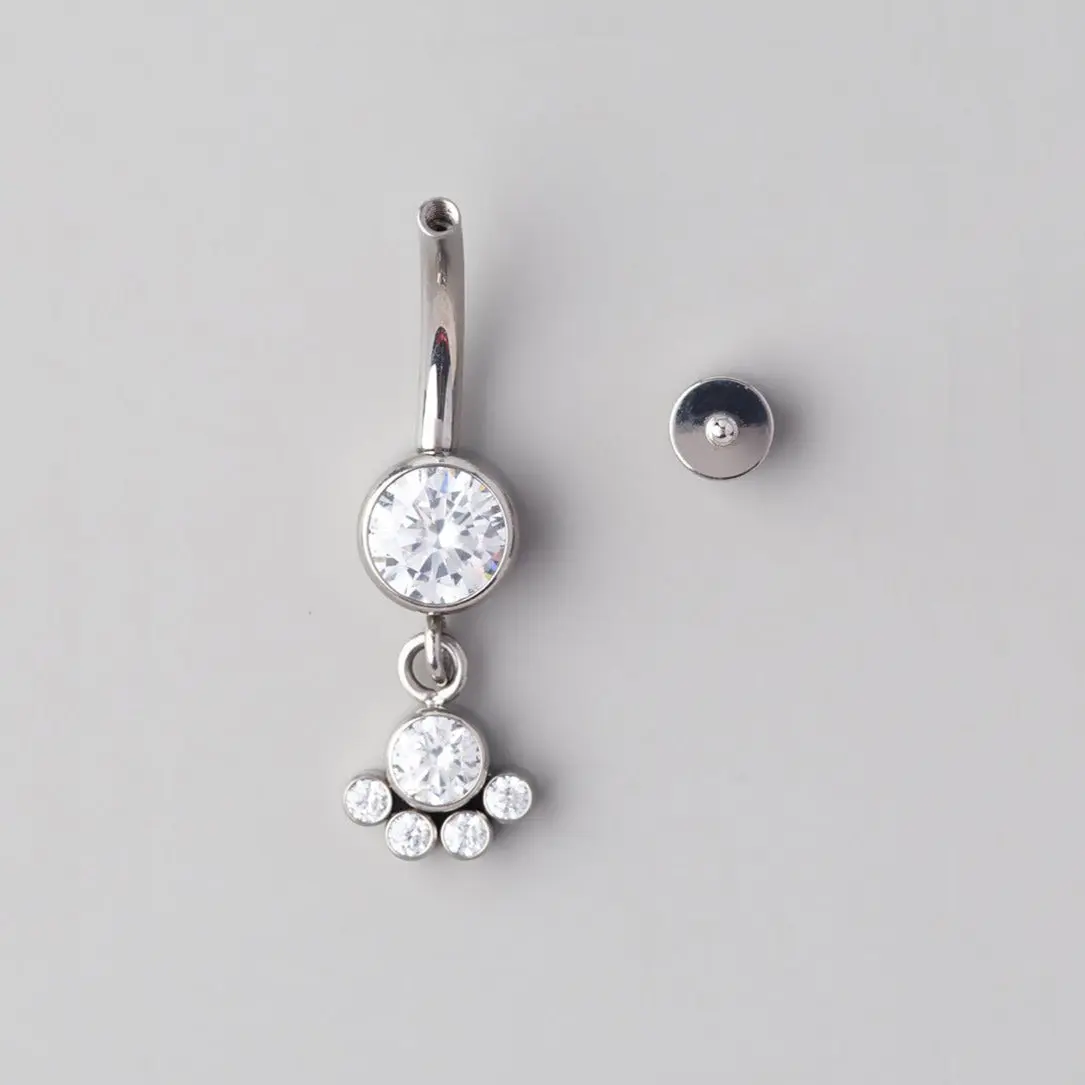 Bezel Set 5 CZ Dangle Belly Bar - Titanium - Image 2