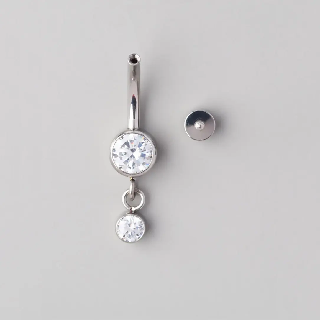 Bezel Set CZ Round CZ Dangle Belly Bar - Titanium - Image 2