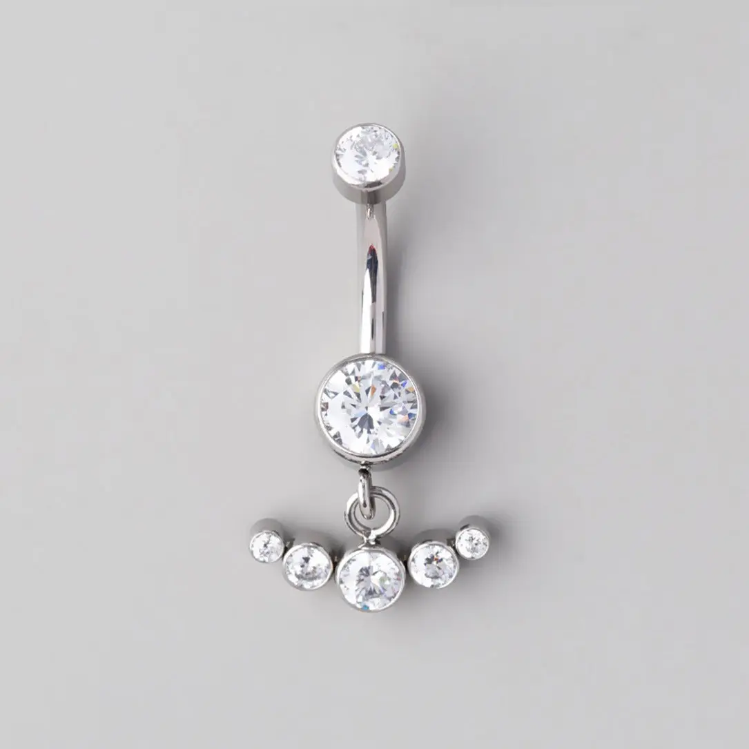 Bezel Set Horizontal 5 CZ Dangle Belly Bar - Titanium