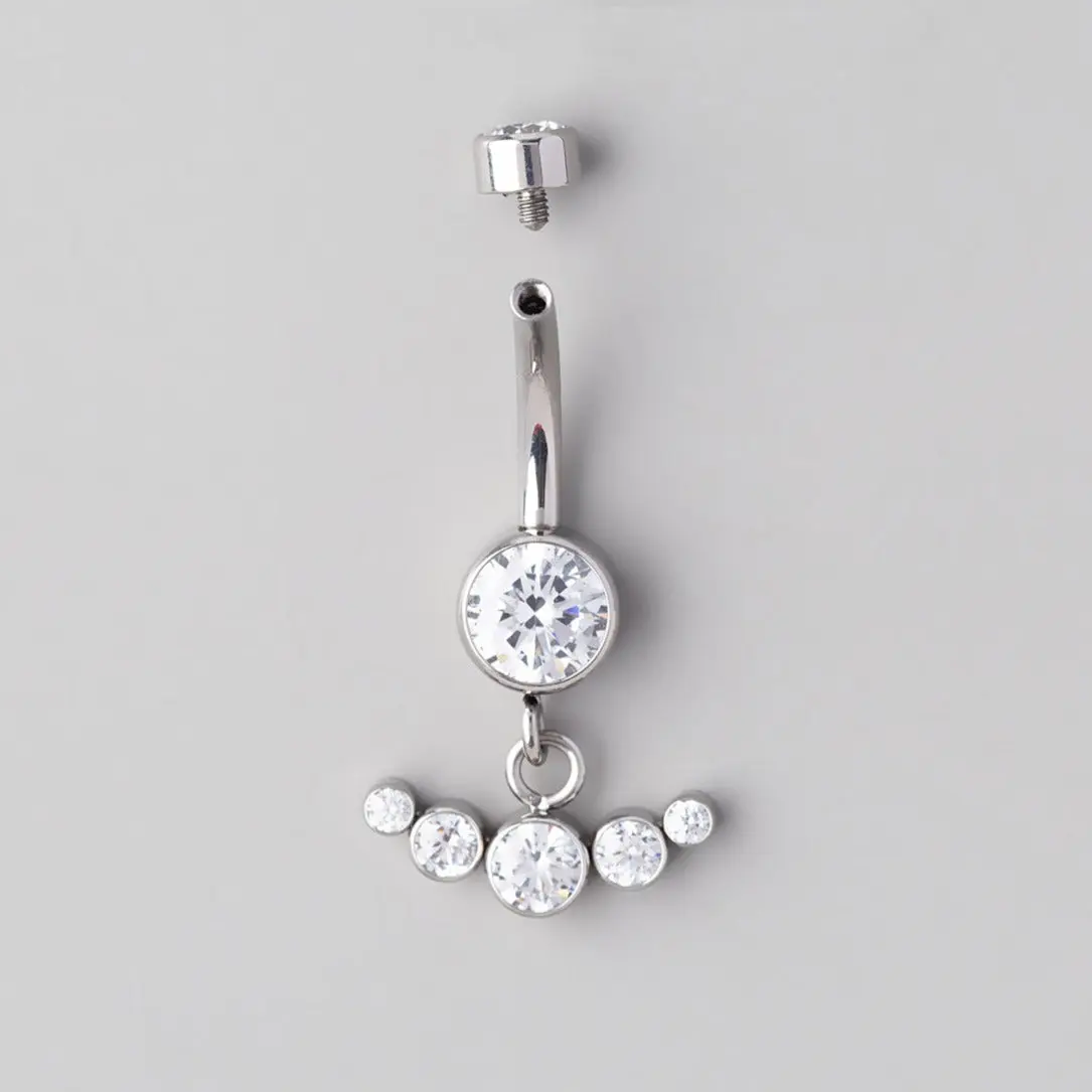 Bezel Set Horizontal 5 CZ Dangle Belly Bar - Titanium - Image 2