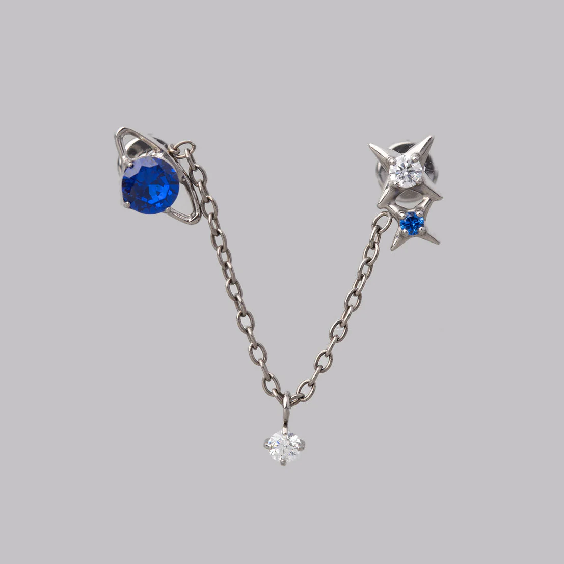 Blue CZ Chain Dangle Double Labret in Silver - Titanium