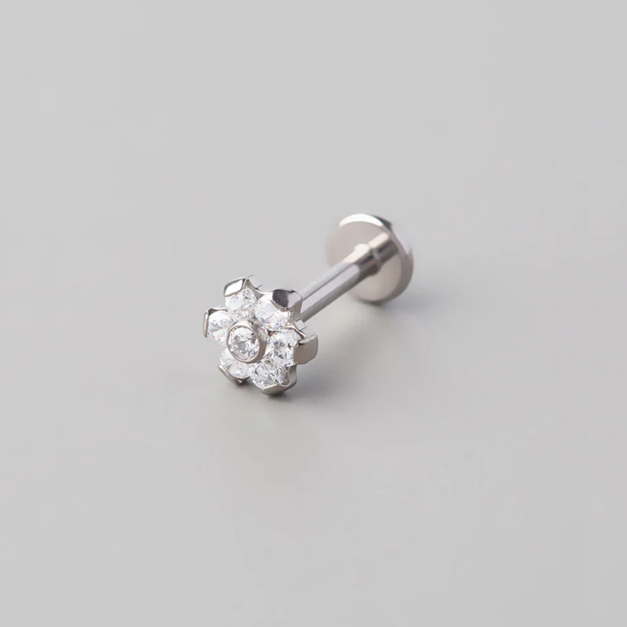 Clear CZ Flower Threadless Labret in Silver - Titanium