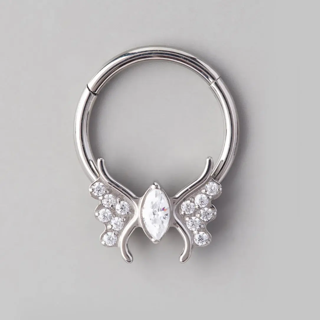 Butterfly Clear CZ Body Segment Hoop in Silver - Titanium