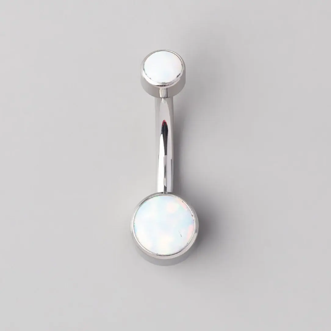 Double Bezel Set White Opal Belly Bar in Silver - Titanium