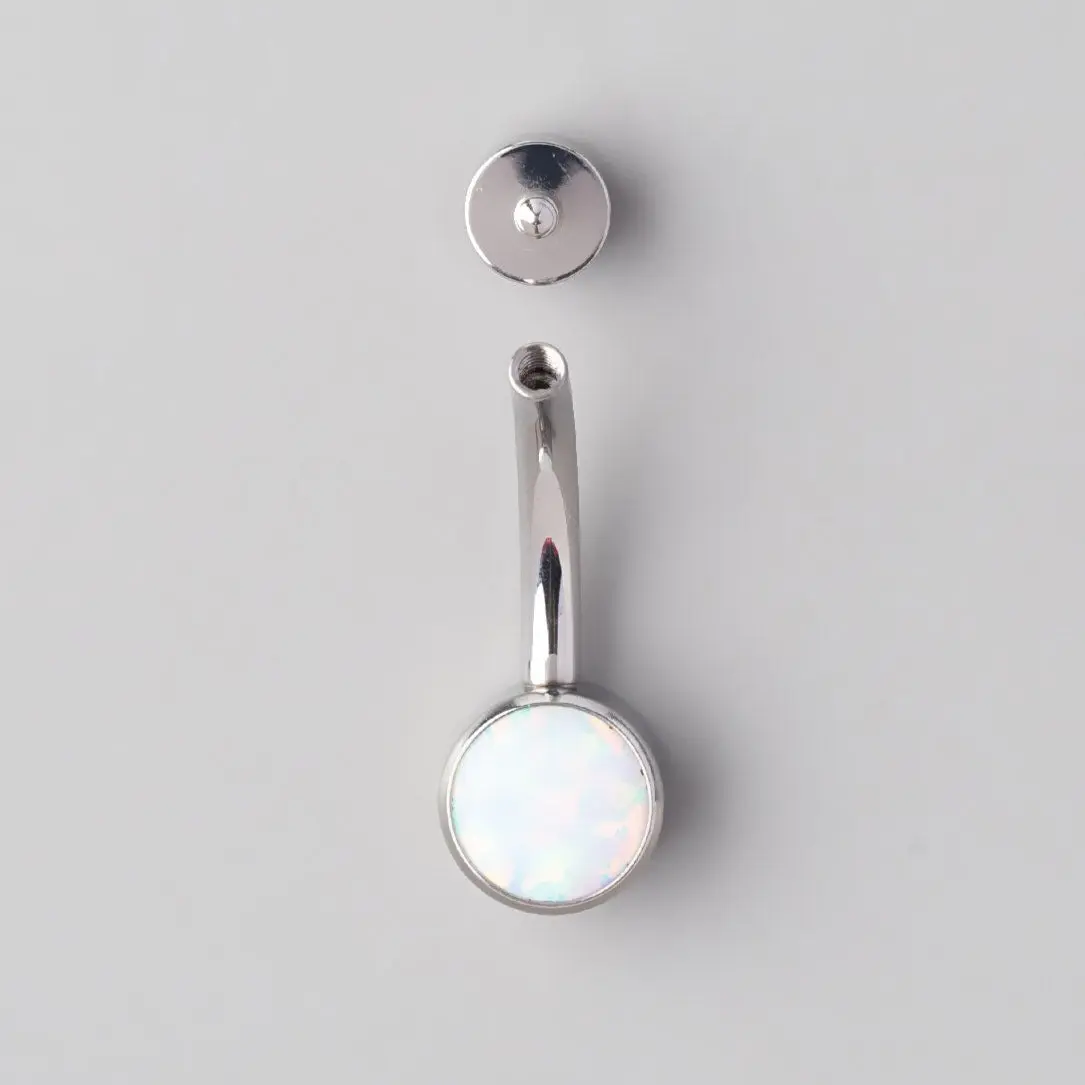Double Bezel Set White Opal Belly Bar in Silver - Titanium - Image 2