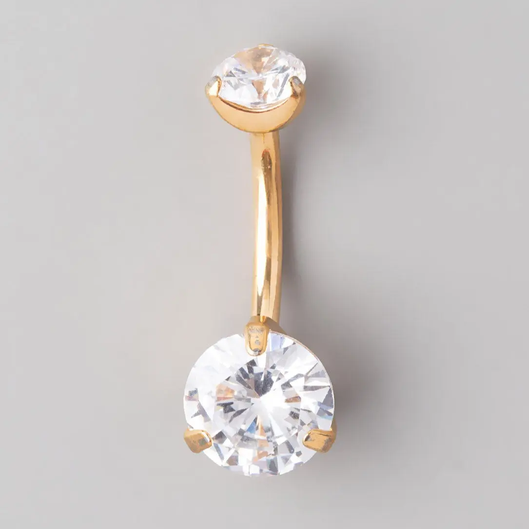Double CZ Prong Set in Gold Belly Bar - Titanium