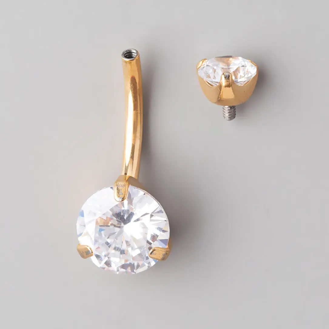Double CZ Prong Set in Gold Belly Bar - Titanium - Image 2