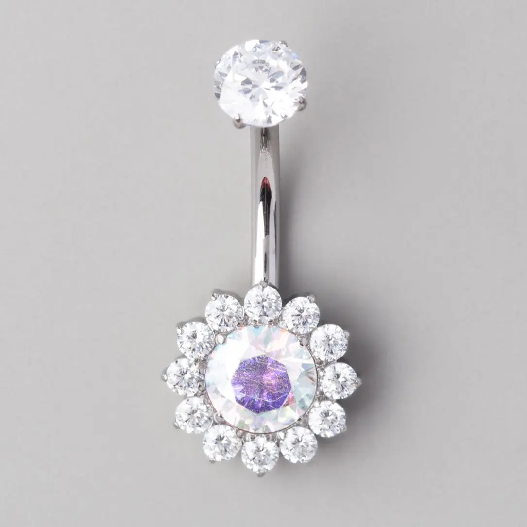 Flower Belly Bar with AB CZ Top - Titanium