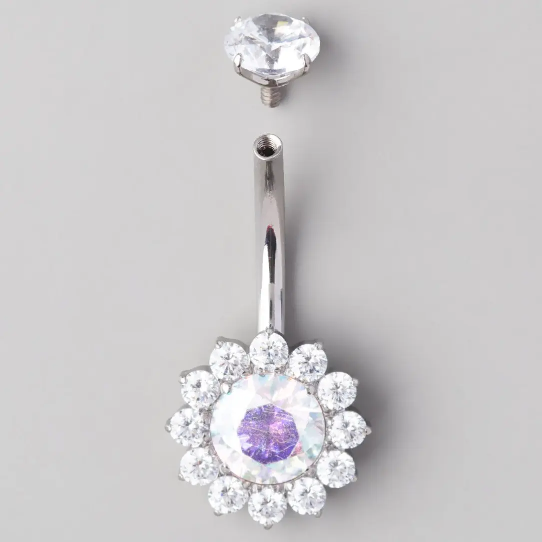 Flower Belly Bar with AB CZ Top - Titanium - Image 2