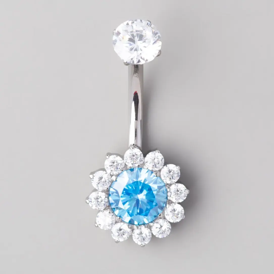 Flower Belly Bar with Aqua CZ Top - Titanium