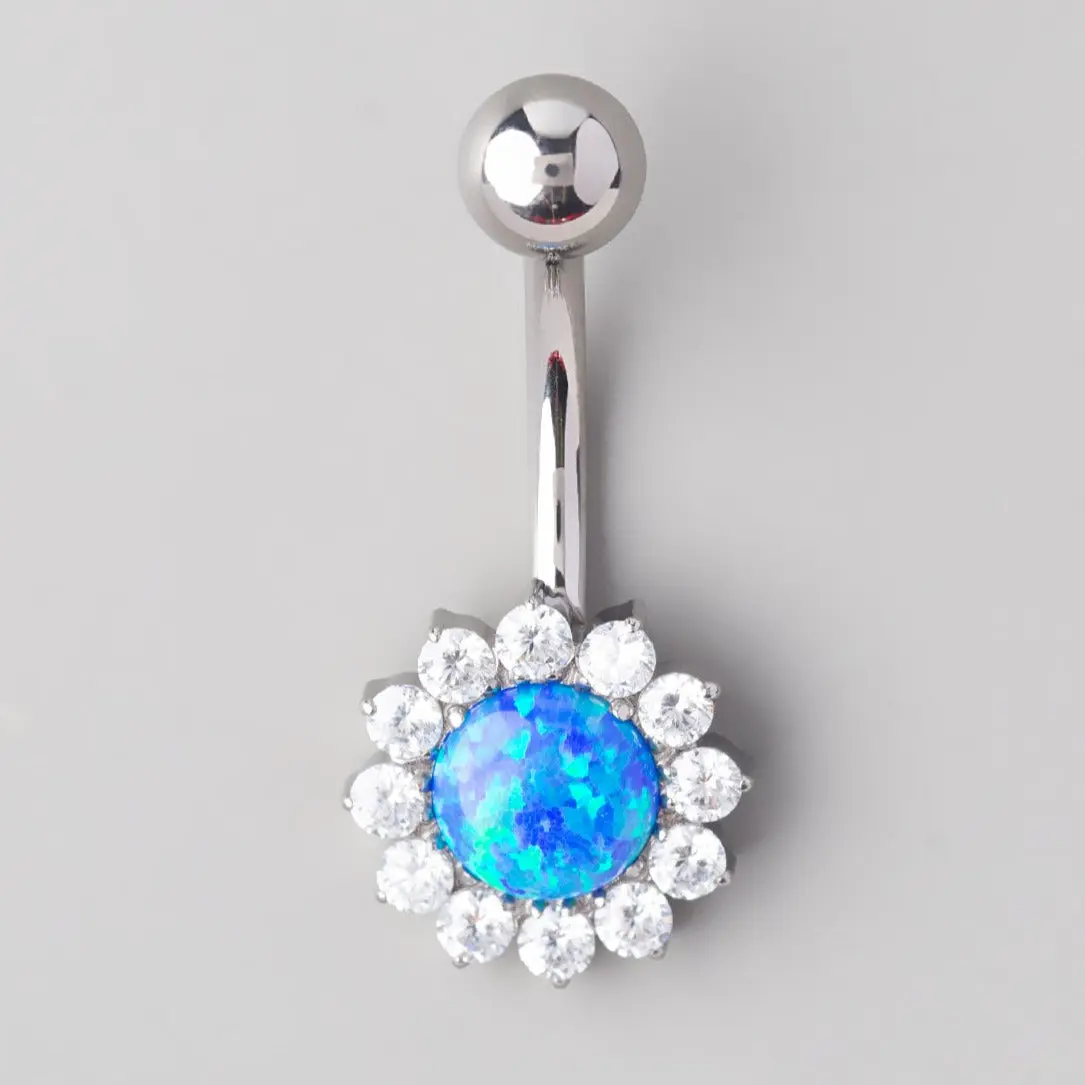 Flower Belly Bar with Blue Opal Stone Top - Titanium