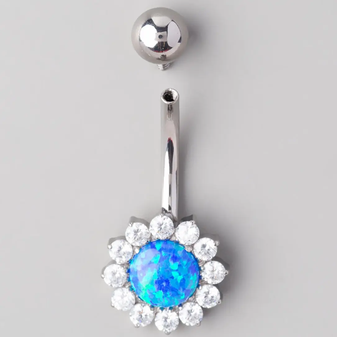 Flower Belly Bar with Blue Opal Stone Top - Titanium - Image 2