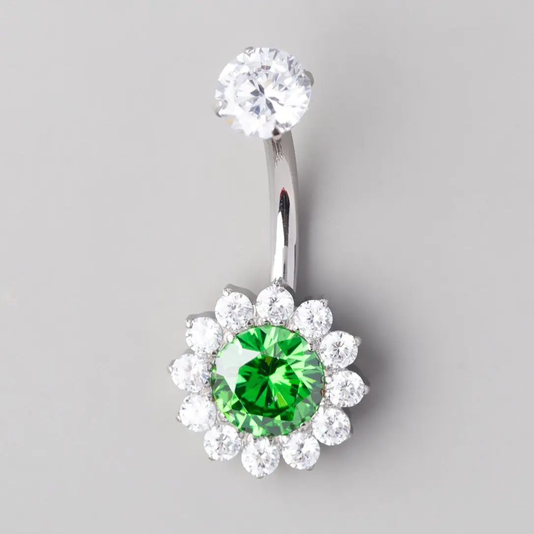 Flower Belly Bar with Green CZ Top - Titanium