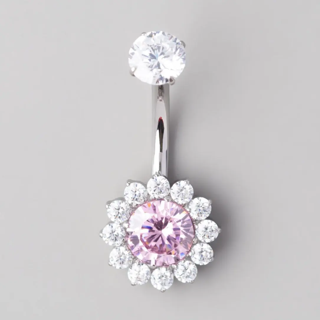 Flower Belly Bar with Pink CZ Top - Titanium