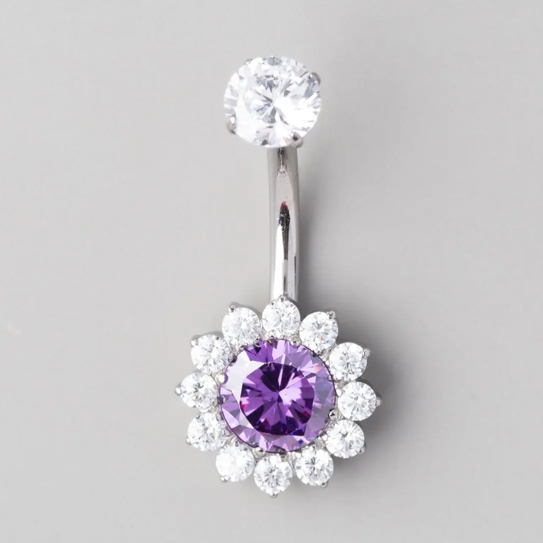 Flower Belly Bar with Purple CZ Top - Titanium