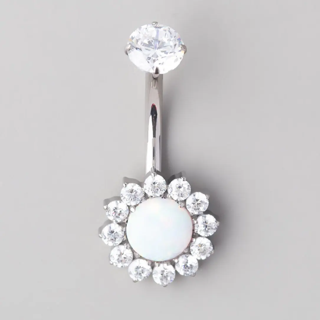 Flower Belly Bar with White Opal Stone Top - Titanium