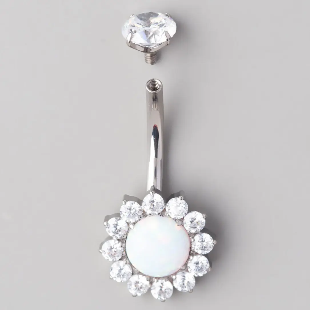 Flower Belly Bar with White Opal Stone Top - Titanium - Image 2