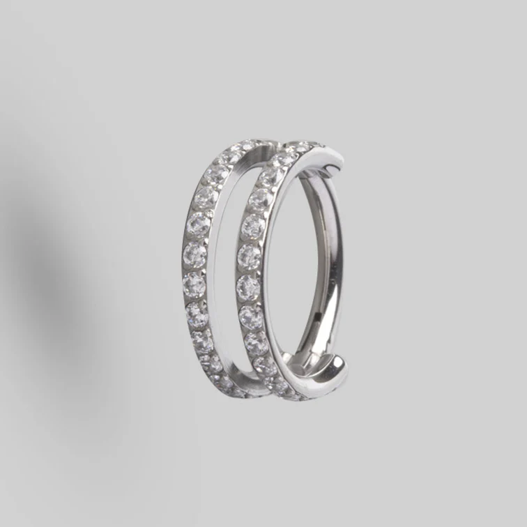 Hinged Segment Ring 2 Rows Double CZ Marquise Stone Centre in Silver - Titanium