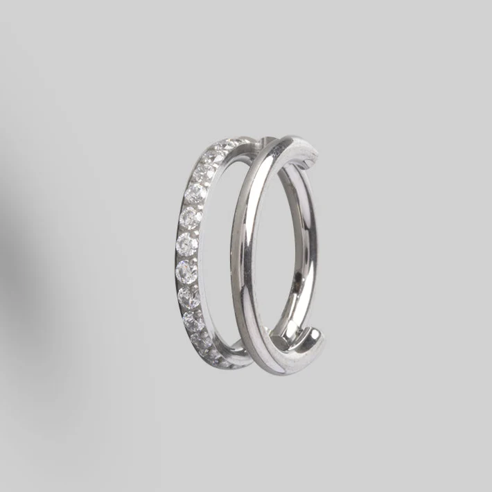 Hinged Segment Ring 2 Rows Single CZ Marquise Stone Centre in Silver - Titanium
