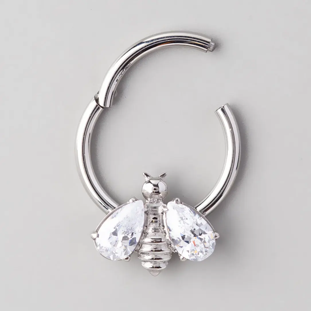 Hinged Segment Ring Bee CZ Wings in Clear Gem - Titanium - Image 2