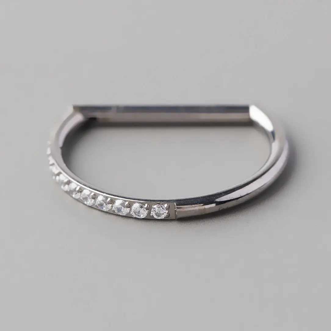 Hinged Segment Ring D Shape Half Side CZ Paved in Silver - Titanium