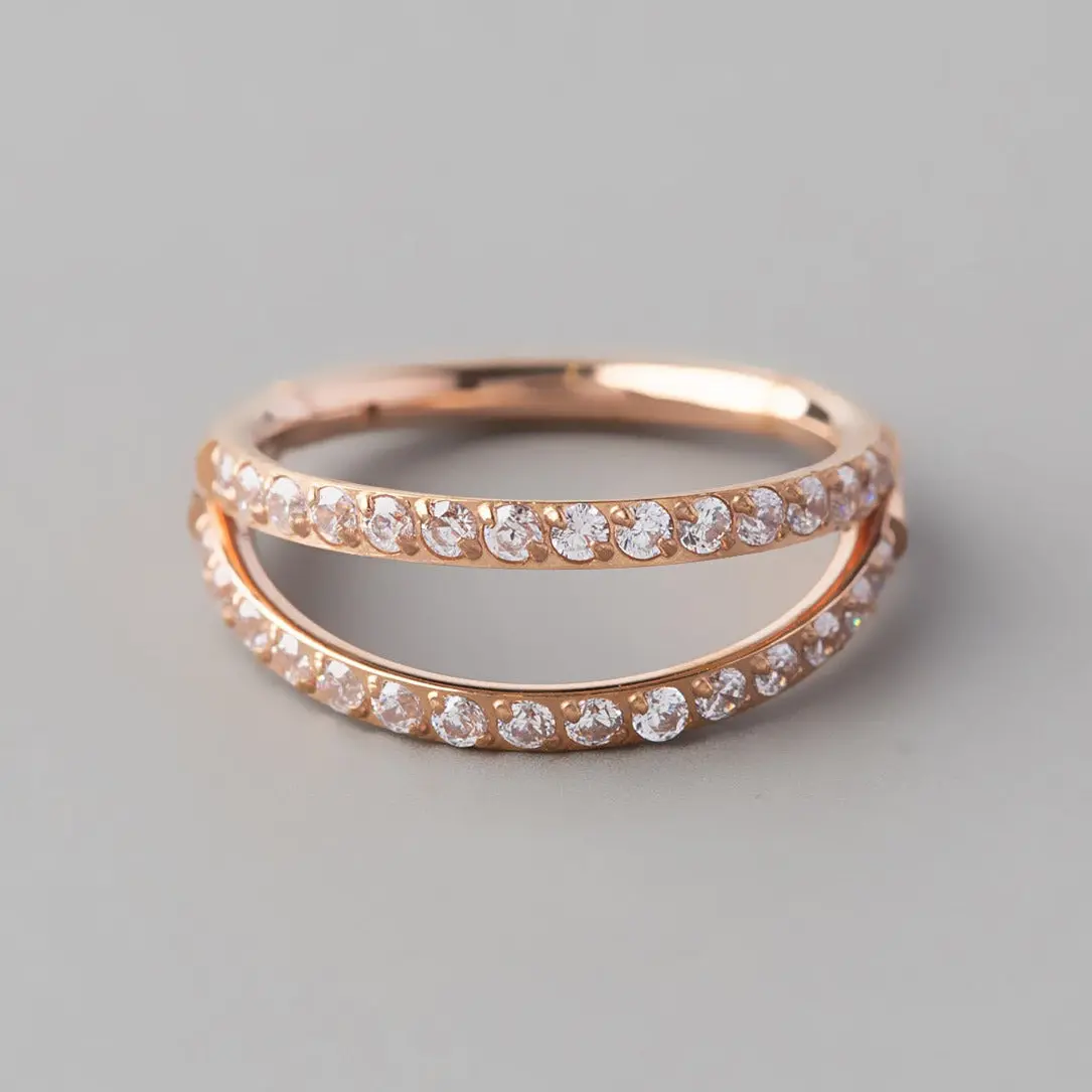 Hinged Segment Ring Double Stack CZ Faced in Rose Gold - Titanium