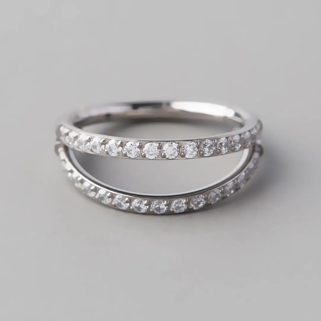 Hinged Segment Ring Double Stack CZ Faced in Silver - Titanium