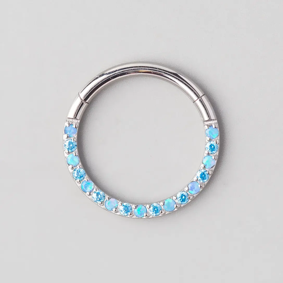 Hinged Segment Ring Front Face CZ in Aqua & Blue Opal - Titanium