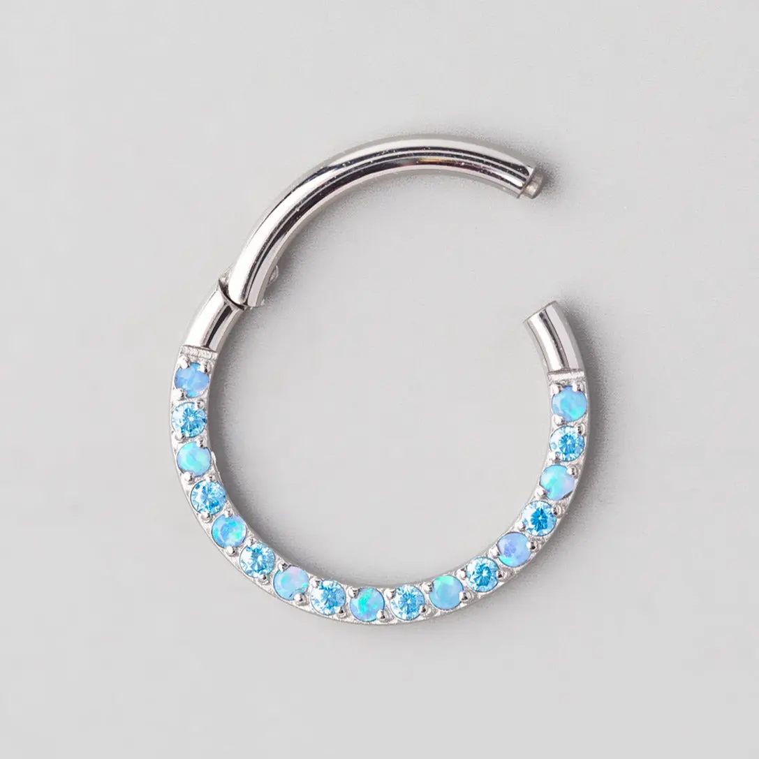 Hinged Segment Ring Front Face CZ in Aqua & Blue Opal - Titanium - Image 2