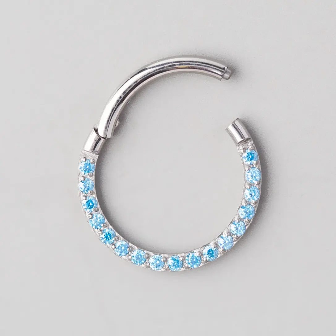 Hinged Segment Ring Front Face CZ in Aqua - Titanium - Image 2