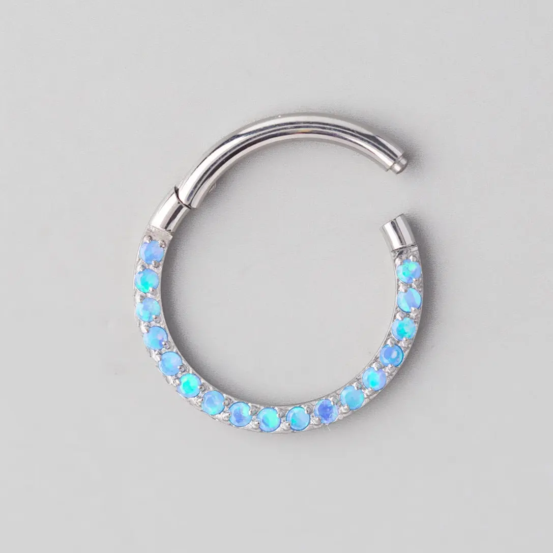 Hinged Segment Ring Front Face CZ in Blue Opal - Titanium - Image 2