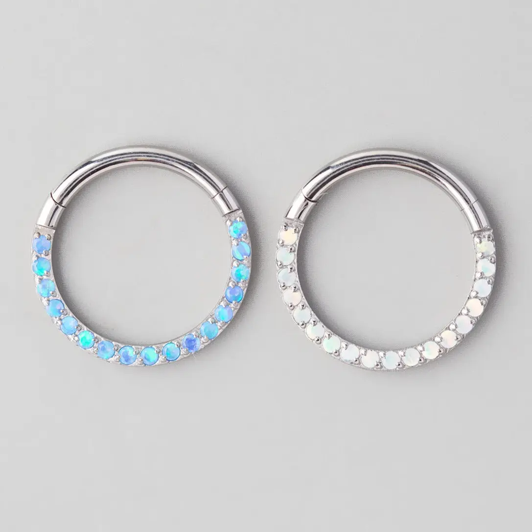 Hinged Segment Ring Front Face CZ in Blue Opal - Titanium - Image 3