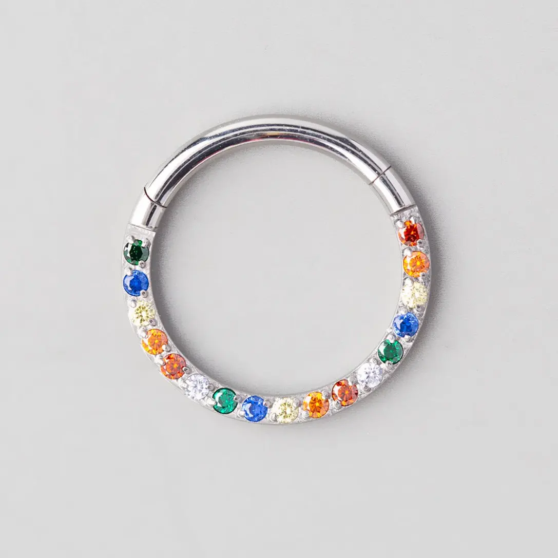 Hinged Segment Ring Front Face CZ in Rainbow - Titanium
