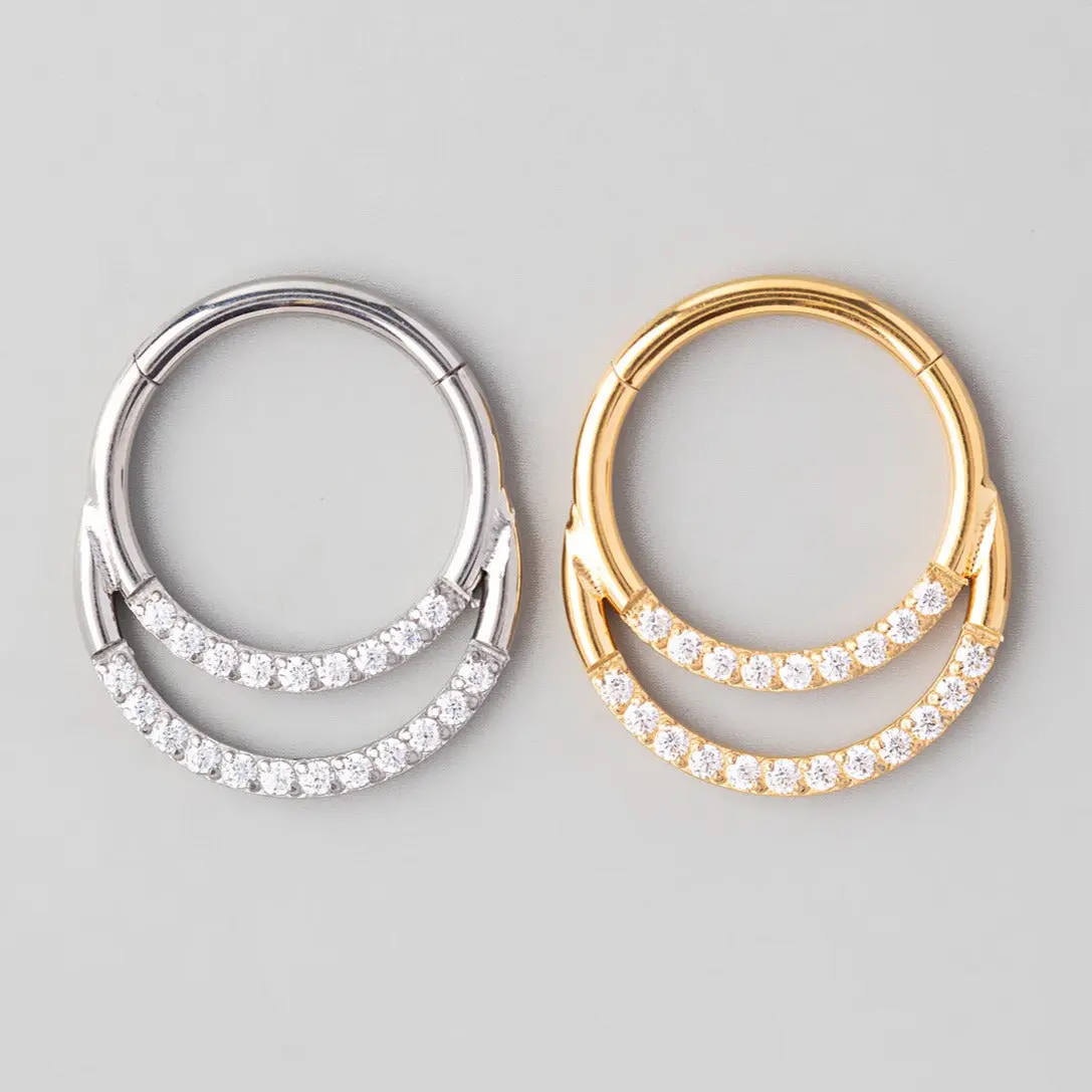 Hinged Segment Ring & Half Hoop Front CZ Face in Gold - Titanium - Image 3