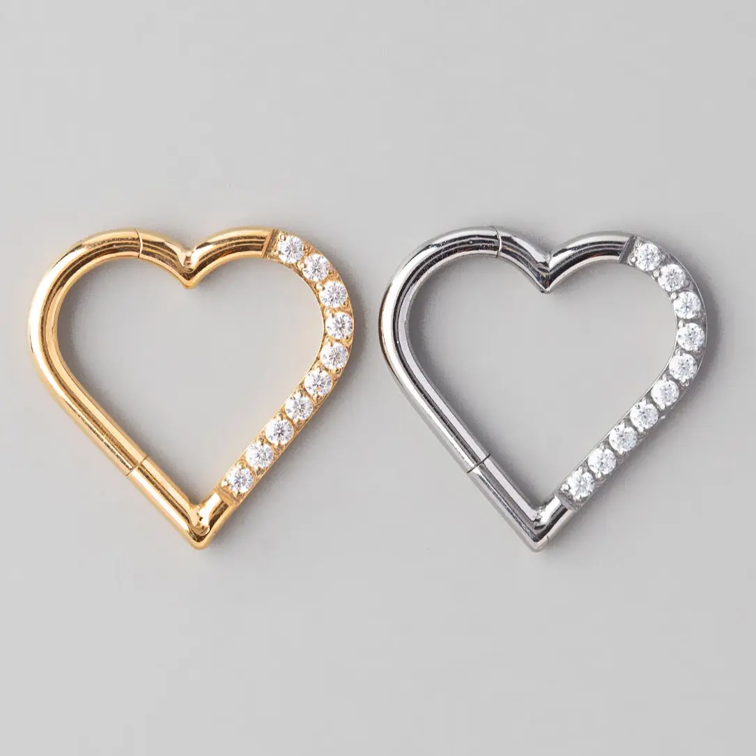 Hinged Segment Ring Heart Shape CZ Pave in Gold - Titanium - Image 4