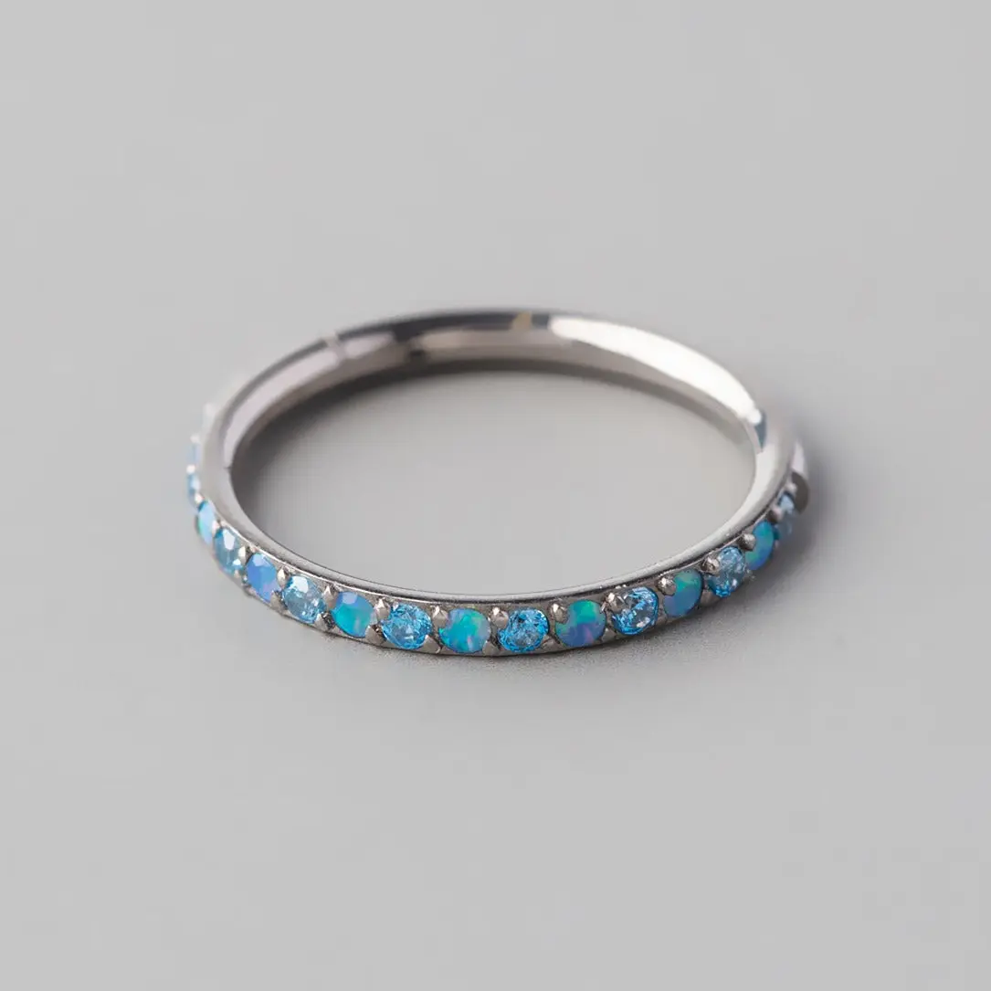 Hinged Segment Ring Blue Opal & Aqua CZ Side Face in Silver - Titanium