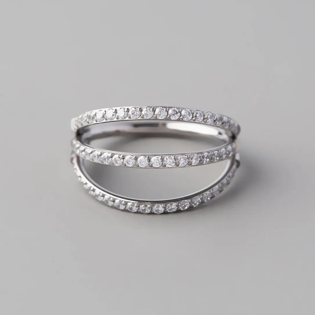 Hinged Segment Ring Triple Stack Clear CZ Faced in Silver - Titanium