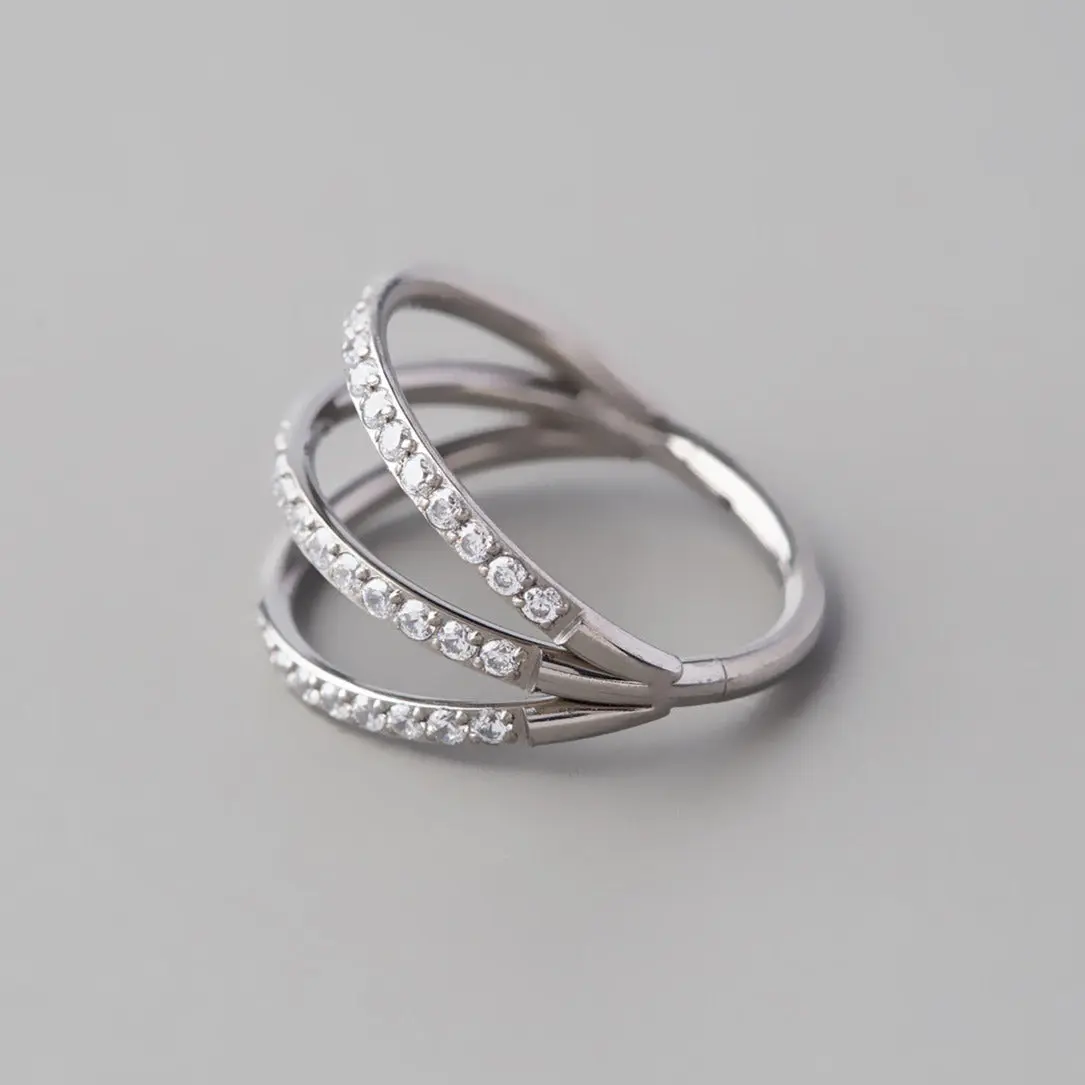 Hinged Segment Ring Triple Stack Clear CZ Faced in Silver - Titanium - Image 2