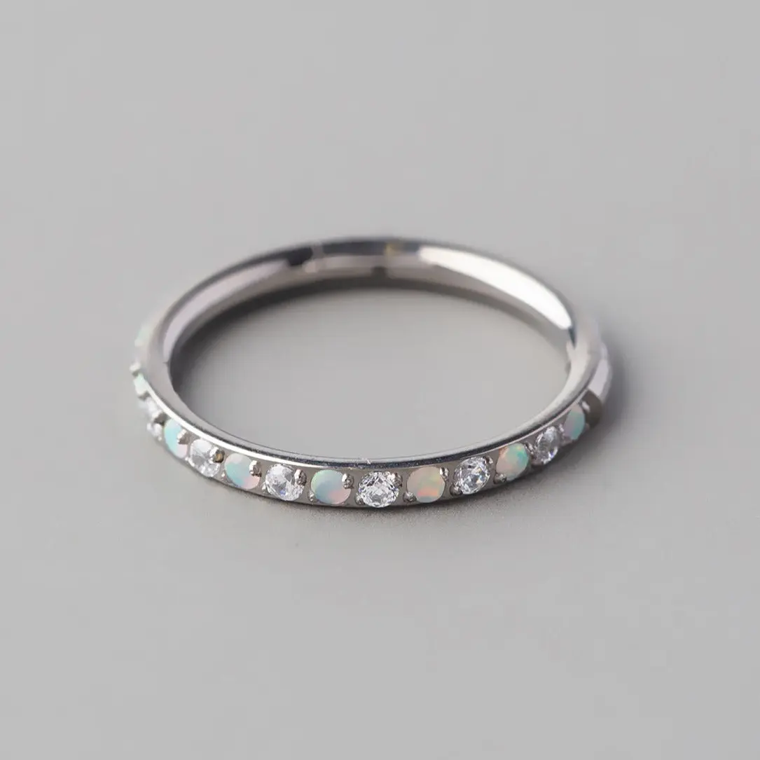 Hinged Segment Ring White Opal & Clear CZ Side Face in Silver - Titanium