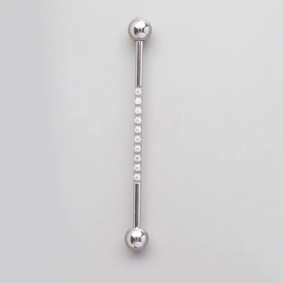 Industrial Barbell CZ Pave on Pole Barbell in Silver - Titanium