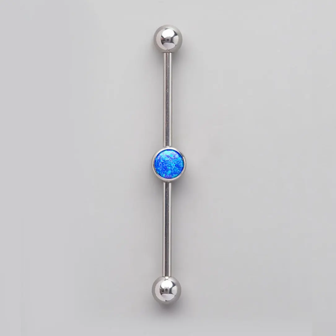 Industrial Barbell with Bezel Stone Centre Blue Opal in Silver - Titanium