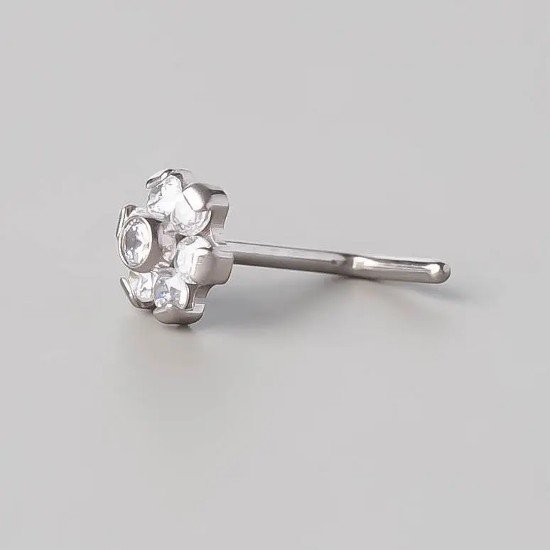 L-Shape Nose Stud Six Flower CZ - Titanium - Image 2