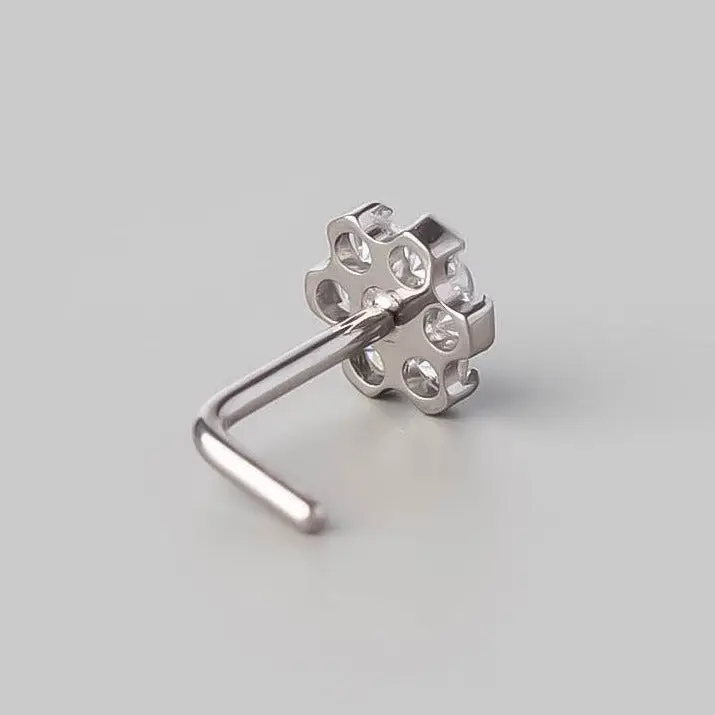L-Shape Nose Stud Six Flower CZ - Titanium - Image 3