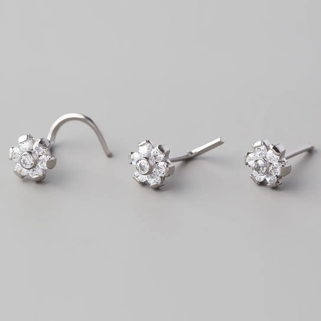 L-Shape Nose Stud Six Flower CZ - Titanium - Image 4