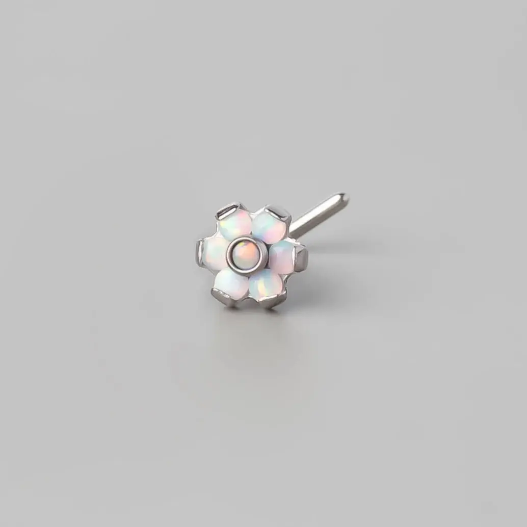 L-Shape Nose Stud Six Flower White Opal CZ - Titanium