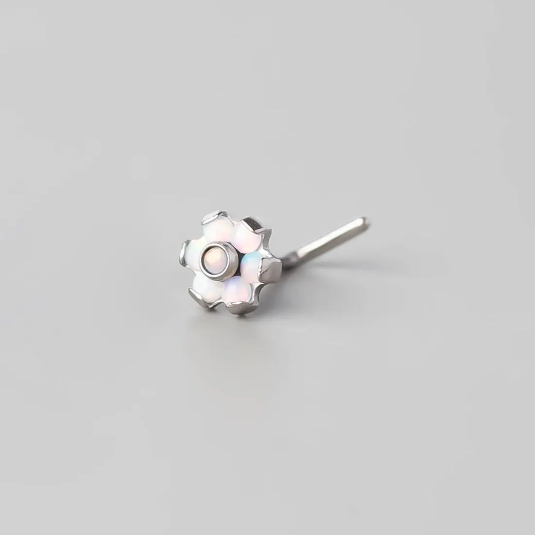 L-Shape Nose Stud Six Flower White Opal CZ - Titanium - Image 2